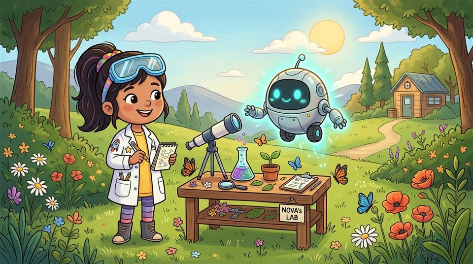 Young scientist Nova and robot companion Pip in a sunny wildflower meadow with science equipment